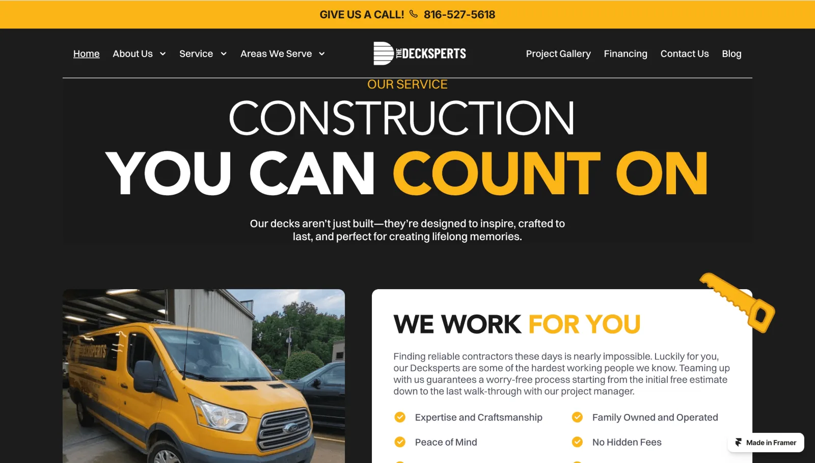 Homepage of The Deckperts website showing a large deck photo and a free estimate form