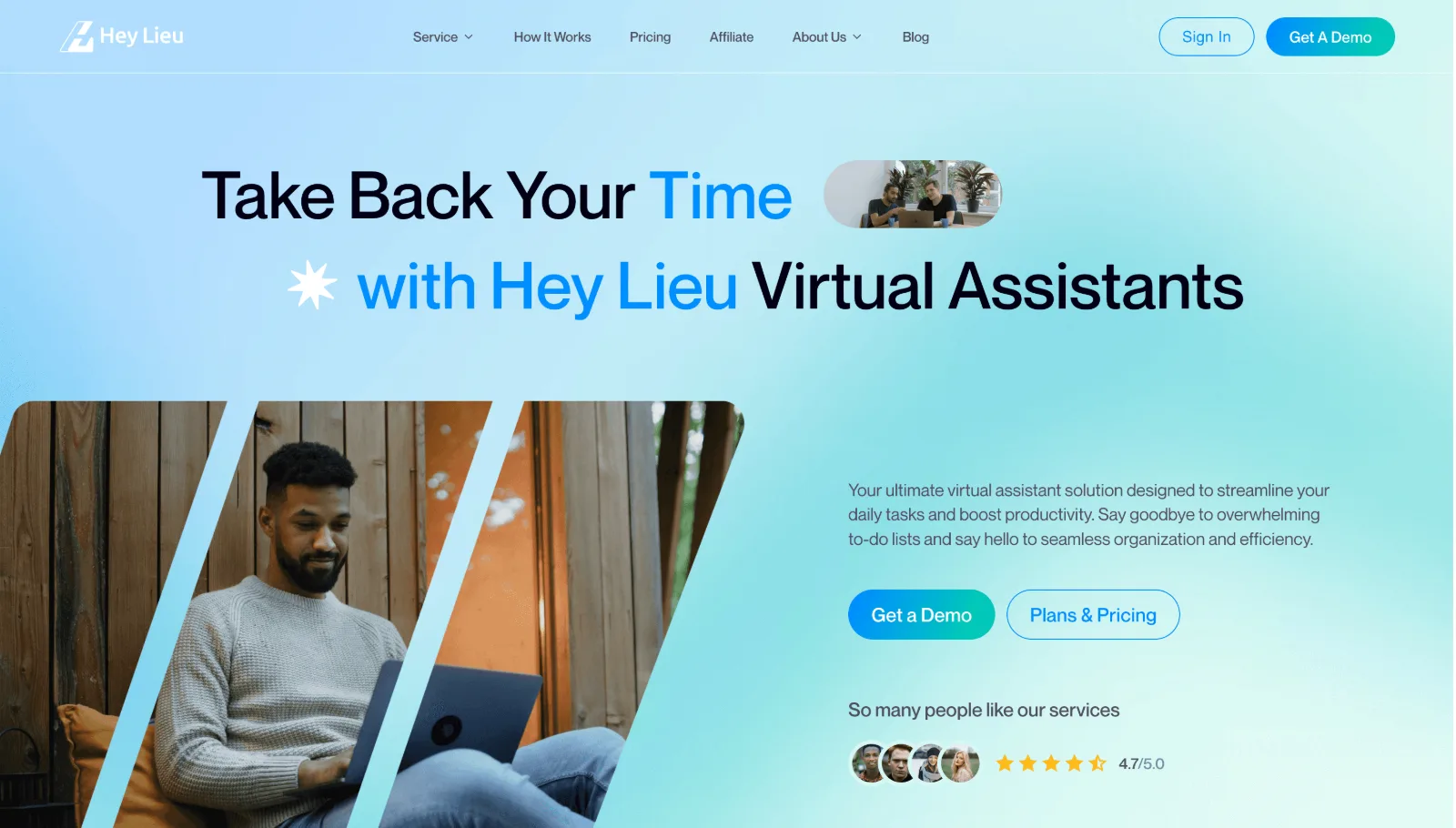 Hey Lieu homepage with the headline Take back your time and a photo of a person on a laptop