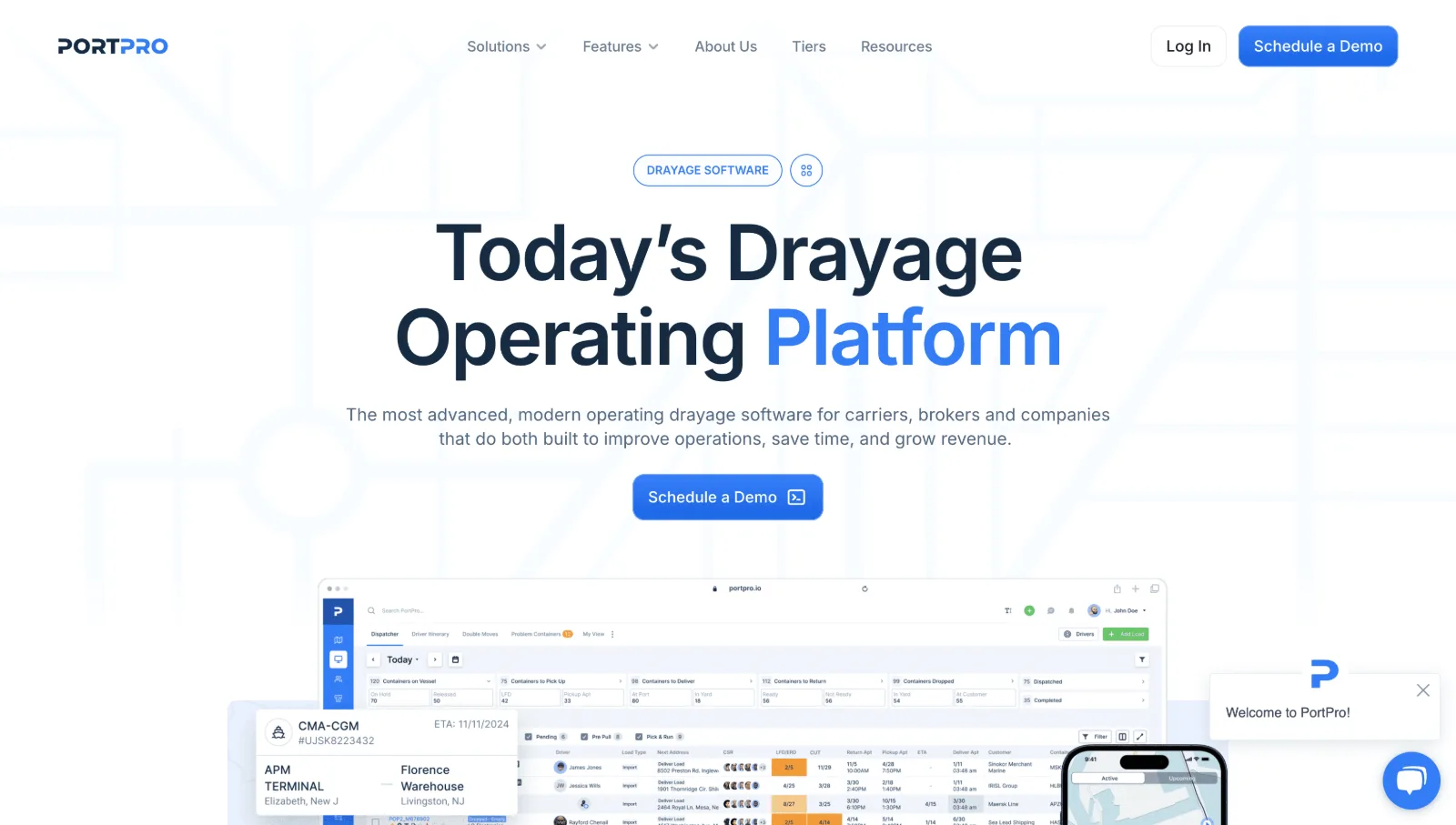 PortPro homepage introducing a drayage operating platform with product screenshots